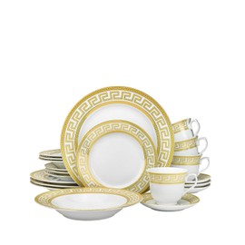 Gold and White Dinnerware Set - 20 Piece Service for 4 Fine Porcelain For Every Day and Formal Occasions with cups and saucers