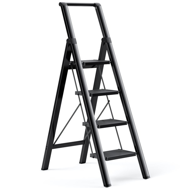 4 Step Ladder, Ladnamy Folding Step Stool with Wide Anti-Slip Pedal&Handrail, Aluminum Lightweight Portable Step Stools for Adults, 330 IBS Capacity Multi-Use Ladders for Home&Kitchen, Black