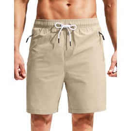 Viodia Men's Swim Trunks with Compression Liner Quick Dry Board Shorts Swimsuit Swimwear for Men with Zipper Pockets Khaki