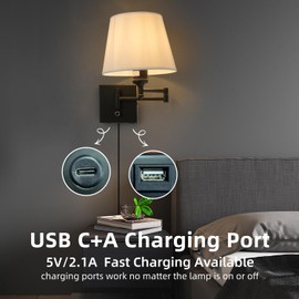 Bedside Wall Mount Light with Dimmable Switch and USB C+A Charging Port, Swing Arm Fabric Shade Wall Sconce Light with Plug in Cord, Black Wall Lamp for Bedroom, Living Room and Hotel
