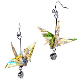 Upcycled London England Map Origami Good Luck Paper Crane Earring with Heart Bead, Travel Jewelry Gift