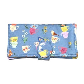 Tea Bag Wallet Includes 4 Tea Bags, English Tea Time Quilted Handcrafted Wallet, Four Pockets, Tea Cups and Birds on Blue, Fabric Choice