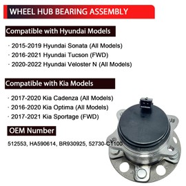 NITOYO 512553 Rear Wheel Bearing Hub Assembly Compatible with Hyundai Sonata 2015-2019 Tucson 2016-2021 Veloster N 2020-2022, Kia Cadenza 2017-2020 Optima 2016-2020 Sportage 2017-2021, 5 Lugs w/ABS