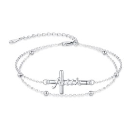 Midir&Etain Faith Cross Bracelet 925 Sterling Silver Rosary Layered Anklet Double Layer Religious Christian Jewelry Gifts for Women