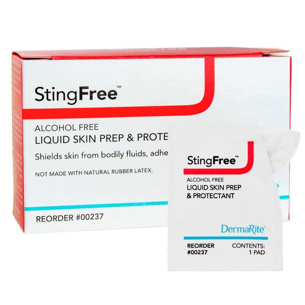 StingFree Alcohol Free Skin Prep Pads, 100 Count - Liquid Barrier Skin Shield Wipes -72 Hour Protection - Shields Skin from Bodily Fluids, Adhesives, Friction - Latex Free, 2 Boxes of 50 Wipes