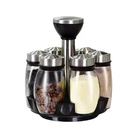 mkeodm Kitchen rotating spice rack storage set, 360 degree rotating bracket, 6 glass jars, blank labels, space saving storage solution, suitable for kitchen and table use