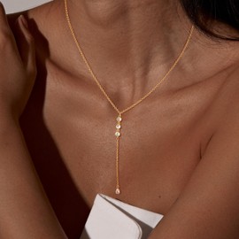 CAROVO Gold Necklace for Women Dainty Long Necklace 14K Gold Lariat Y-Shaped Pendant Necklaces Trendy Cubic Zirconia Chain Drop Necklaces Jewelry for Women Gifts
