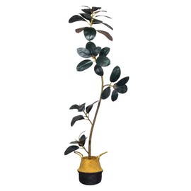 NCYP Artificial Rubber Tree - 5.9ft Tall Faux Plant with Plastic Pot and Rattan Woven Basket for Home, Living Room, Office Floor Decor - Large Indoor Fake Ficus Elastica Tree Potted, 70.8 Inches