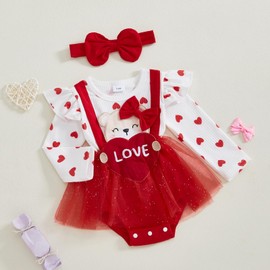 ZZLBUF Baby Girl Valentine's Day Outfits Newborn Infant Heart Bear Romper Dress Long Sleeve Bodysuit Headband Clothes Set (01- Red, 3-6 Months)