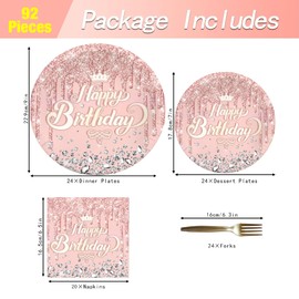 Birthday Party Tableware Set - 92PCS, Pink Rose Gold Decorations for Women, Rose Gold Birthday Party Decorations, Pink Rose Gold Birthday Party Supplies