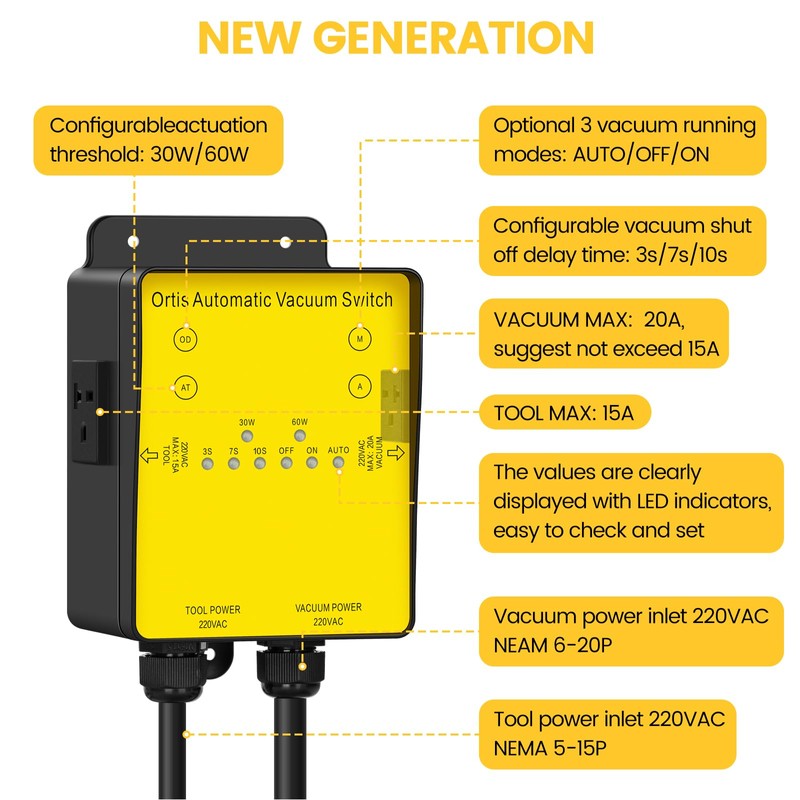 Automatic Vacuum Switch, Ortis 220V Dust Collector Starter Outlet Switch