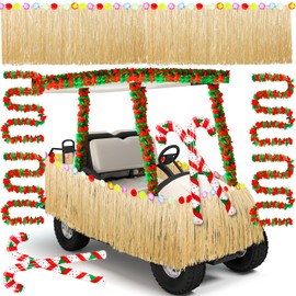 Weysat 8 Pcs Christmas in July Golf Cart Decorations Kit Hawaiian Leis Red and Green Flower Banner Luau Grass Tropical Car Skirt Candy Canes Balloons for Christmas Golf Cart Parade