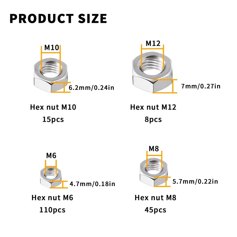 TOOINKCV 178 Pcs M6 M8 M10 M12 Nuts Set, Hex
