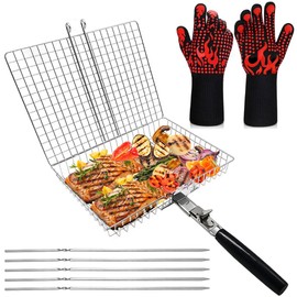 Large Grill Basket Set with Heat-Resistant Gloves & Skewers - Heavy Duty 304 Stainless Steel Folding BBQ Rack for Fish, Meat, Vegetables, Tailgating, Camping Gift for Grill Masters (Dad/Husband)