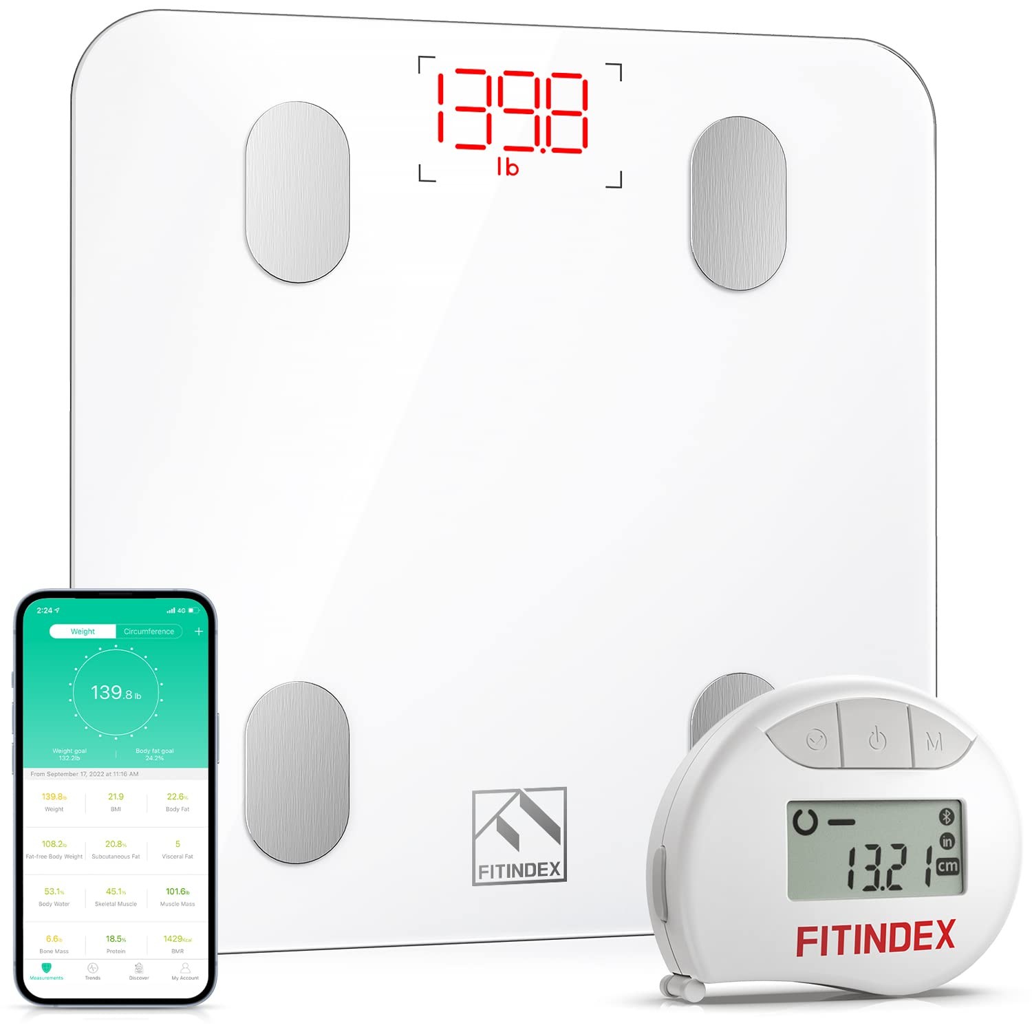 FITINDEX Smart Body Fat Scale and Tape Measure, Digital Bathroom Scale ...