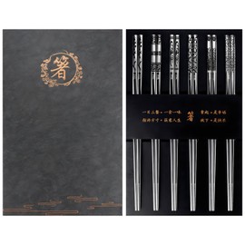 K KUMEED 6 Pairs Metal Chopsticks, Metal Chopsticks, Japanese Chopsticks, Dishwasher Safe, Metal, Reusable Chopsticks, Stainless Steel Chopsticks, Gift Set