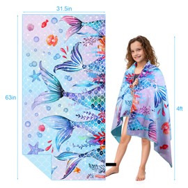 Melonboat Mermaid Microfiber Beach Towel: Extra Large Pink Purple Quick Dry Beach Towel for Travel, Sand Free Super Absorbent, Lightweight Compact for Kids Girl Trip Vacation Beach Bath Yoga Pool Swim