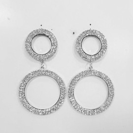 E0018 Silver Colored Clear Rhinestones Bling Double Circle Drop Dangle Earrings Dainty Earrings for Women – Elegant Minimalist Fashion Accessories Stylish Additions