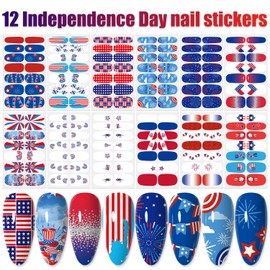 WOKOTO 12 Sheets 168 Pieces 4th of July Nail Stickers Full Nail Wraps for Women Independence Day Gel Nail Strips American Flag Stars Blue Red Nail Gel Wraps for Women Stick On Nails Polish Strips