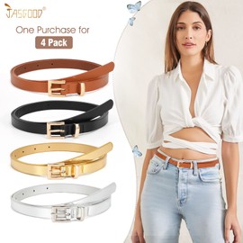 JASGOOD 4 Pack Women Skinny Leather Belt Thin Waist Belt with Metal Buckle for Pants Jeans Dresses,Black+Brown+Gold+Silver