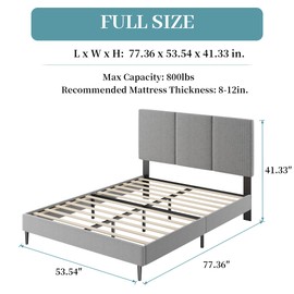 IOILORI Full Size Bed Frame with Upholstered Headboard, Sturdy Wood Slats, No Box Spring Required, Silent, Easy Assembly,Gray