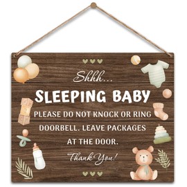 CIAEXRN Baby Sleeping Sign, Wooden, 8" x 10", Brown, Rustic, Hanging, Words & Quotes, Shh Sleep Baby, Please Do Not Knock Or Ring Doorbell At The Door, Thank You!