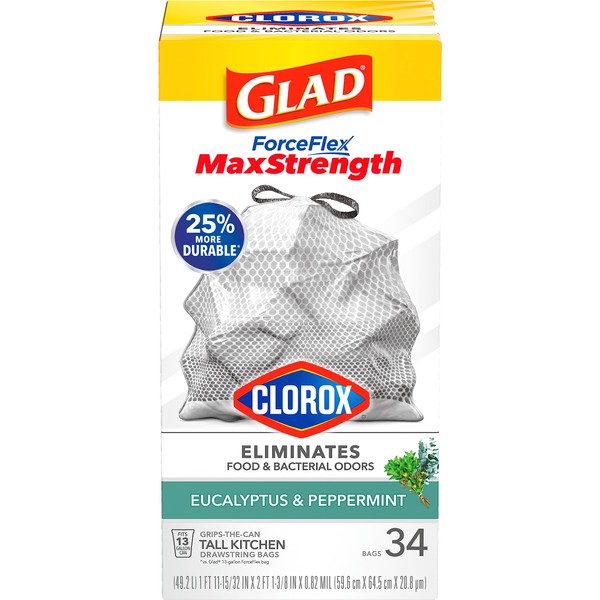 Glad ForceFlex MaxStrength with Clorox Tall Kitchen Drawstring Trash Bags, 13 Gallon Grey Trash Bags, Eucalyptus and Peppermint Scent, 34 Count