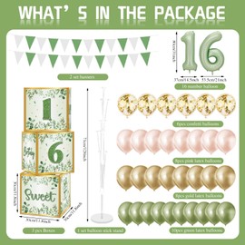 40 Pcs 16th Birthday Decorations Boxes for Girls Women Sage Green Sweet 16 Birthday Balloons Box Green Gold Sweet Sixteen Theme Party Supplies Include Cardboard Box Balloons Banner and Balloons Stand
