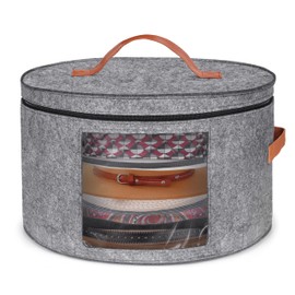 Winter Shore Round Hat Box with Lid Grey - Foldable Hat Storage Boxes Fabric with Zip, Transparent Window, Leather Handle - Moisture/Dustproof Felt - 43 x 26 cm