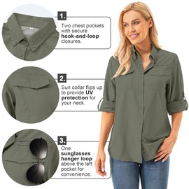 Womens UPF 50+ UV Sun Protection Safari Shirts Long Sleeve Outdoor Cool Quick Dry Fishing Hiking Gardening Shirts (5072 Mountain Green S)