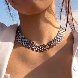 Yienate Punk Flat Chunky Choker Silver Vintage Railroad Choker Statement Geometric Collarbone Chain Necklace Choker Bridal Wedding Prom Necklace for Women and Girls