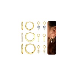 Gold Hoops Earrings for Women Hypoallergenic Sterling Silver Hoop Earrings with Dainty Dangle Charm 14K Gold Plated Drop Earring Stack Small Huggie Earring Set for Helix Cartilage Piercing Star