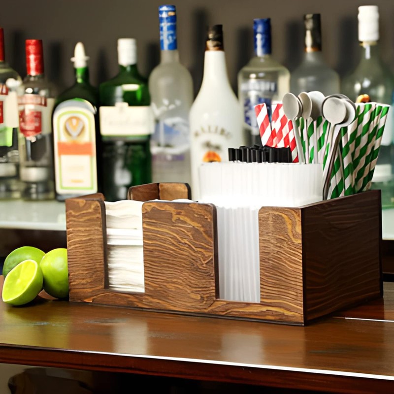Wooden Bar Caddy - Bar Aide Cocktail Accessory and Napkin