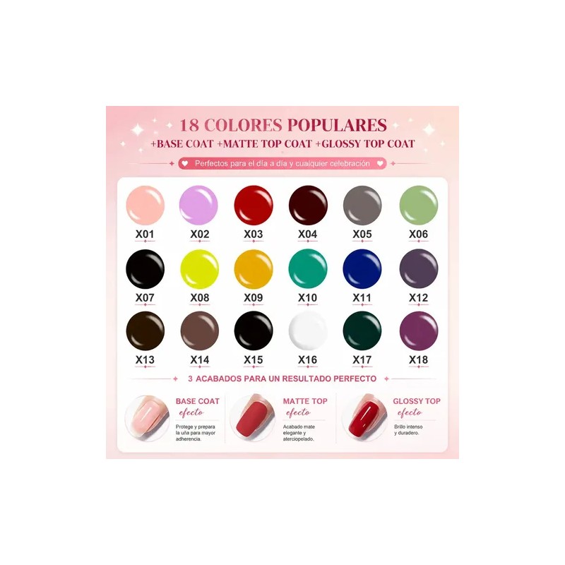 21Pcs Kit Esmaltes Uña Gel SemipermanenteBase CoatGlossy Top CoatMatte Top