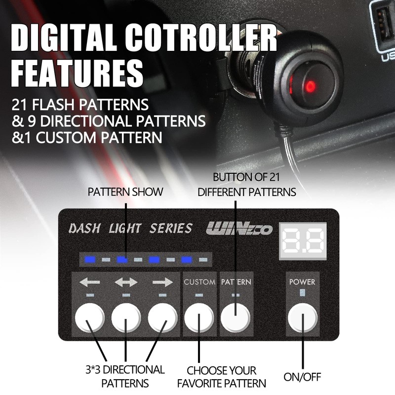 WINECO Amber Emergency Dash Strobe Lights Safety Flashing Warning w/Digital