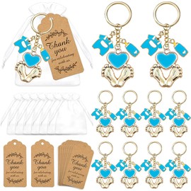 BUYWUMORE 12 Sets Baby Shower Favors for Boy Blue Footprint Keychains Gifts with Bottle Baby Clothes White Organza Bags and Thank You Tags for It's a Boy Decorations Baby Shower Party Supplies (Boy)
