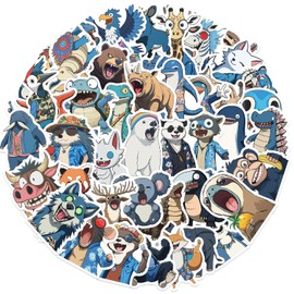 50PCS Funny Blue Animals Stickers, Cute Cartoon Wolf Monkey Koalas Foxes Stickers for Water Bottle Guitar Phone Laptop,Vinyl Waterproof Wildlife Decals for Boys Girls Teens