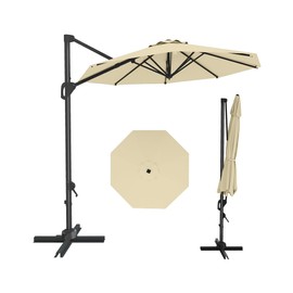 GarveeLife 10FT Cantilever Umbrella Outdoor Patio Umbrella Solar LED w/Base Included Market Offset Umbrella Sun Shade Windproof with 360-Degree Rotation for Patio Garden Deck Pool, Beige
