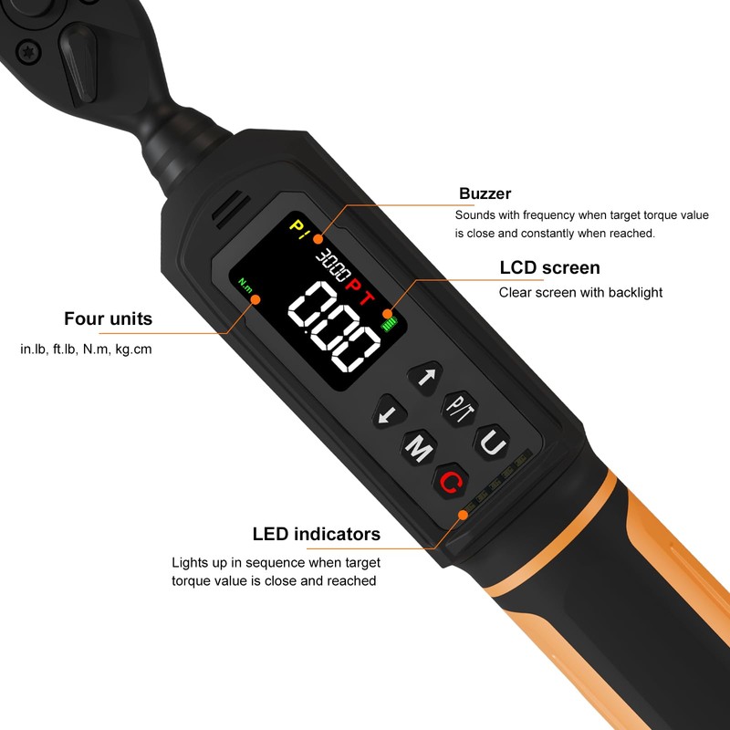 Uharbour Digital Torque Wrench 1/4 Drive, 1.1-22.1 Ft-lbs/1.5-30Nm Range, Electric