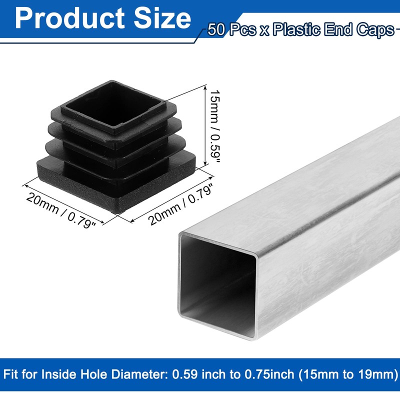 uxcell 3/4" (20mm) Square Tubing End Caps, 50 Pcs Plastic