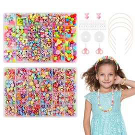 VFANDV Beads for Threading & Rubber Bands Set, 2 Pieces DIY Bracelets Necklaces Jewellery Aesthetic Craft Set Children for Bracelets Crafts Gift for Boys and Girls (Colourful Beads)