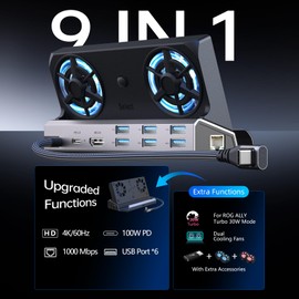 Legion Go/ROG Ally/Steam Deck Dock - 9-in-1 Docking Station Dual Cool Fans Steam, 4K@60Hz, 4 USB Ports, SD/TF（U3）, 100W PD Charging, Gigabit Ethernet Fit for Steam Deck