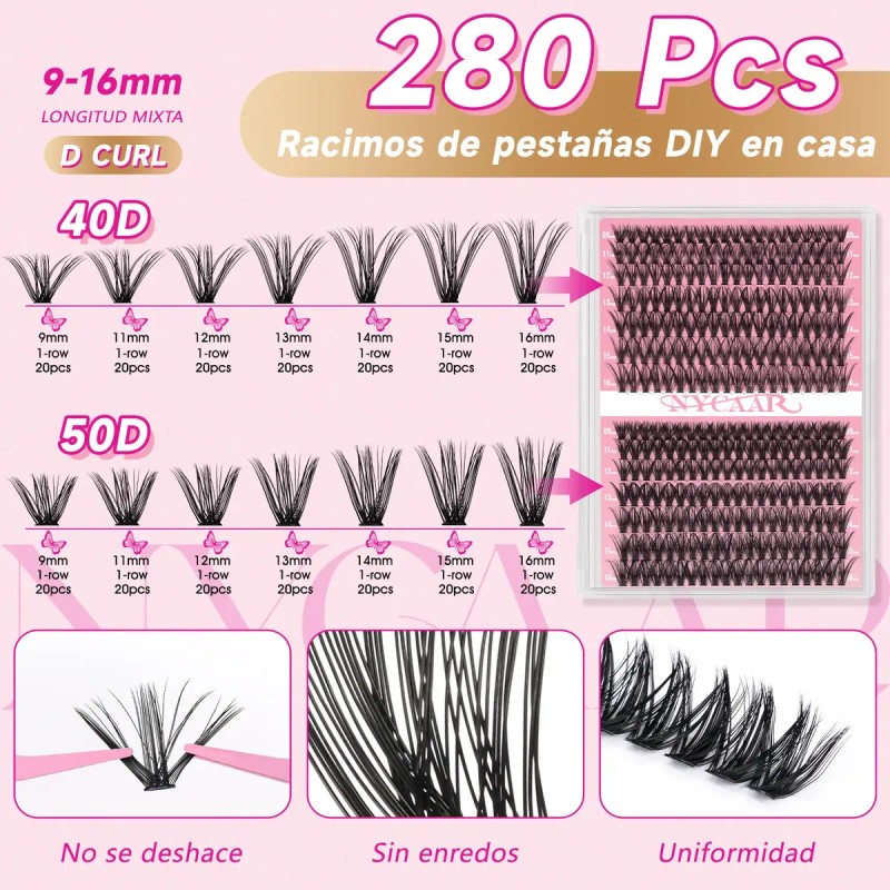 Kit Pestañas Volumen 40d 50d Nycaar Con Pegamento Diy