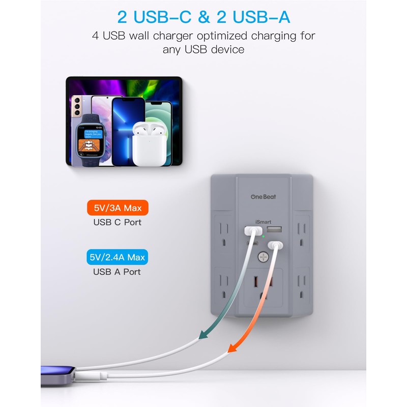 Multi Plug Outlet, Surge Protector, 5 Outlet Extender with 4
