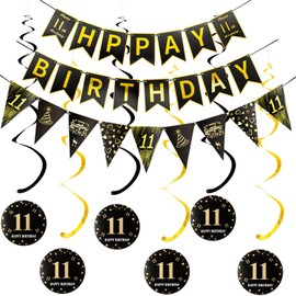 Happy 11th Birthday Banner + Triangle Flags Happy Birthday Garlands + 11th Birthday Hanging Decoration Spirals Set, Black Gold 11th Birthday Decoration for Girls Boys, 11th Birthday Hanging Decoration