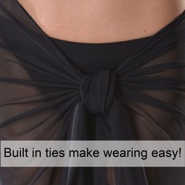 Mesh Cover Up Sarong Wrap with Easy Wearing Built in Ties Sheer Cover With Stretch for Women Made in USA, Black