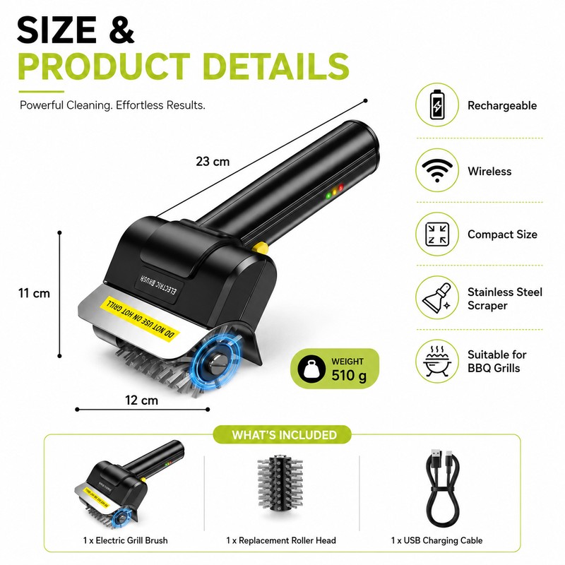 Electric Stainless Steel BBQ Brush for Grill Cleaning – Rechargeable