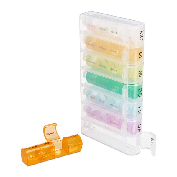 Relaxdays Pill Box 7 Days 4 Compartments Morning, Noon, Evening, Night, BPA-Free, Weekly Box for Medication, Colourful