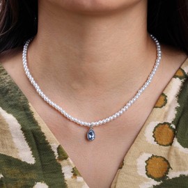 Round White Pearl Strand Necklace Silver Pearl Necklace for Women Wedding Pearl Choker Blue Crystal Teardrop Necklace Dainty Cz Solitaire Pendant Necklace Pearl Chain Moonstone Necklace Jewelry