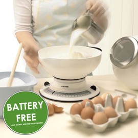 Salter 800 WHBKDR Aquaweigh Mechanical Scale, Measures Liquids and Fluids, Add & Weigh, Rotating Twin Dial, Pouring Spout, 2.6 L Bowl Clips Over Scale, Max 4 kg, Baking/Cooking, White